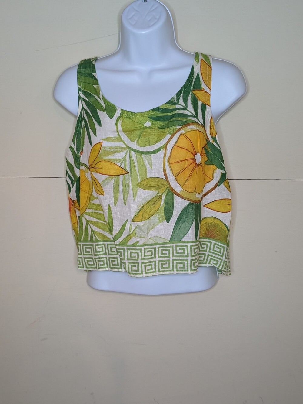 C&C California Cropped Tank Top Linen Blend Tropical Citrus Print